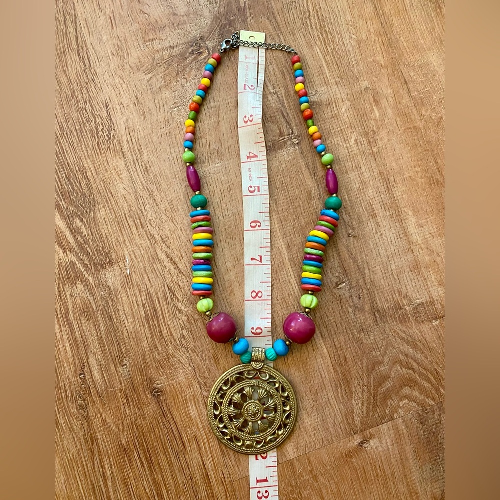 Vintage Multicolor Beaded Necklace with Gold Medallion